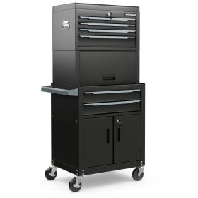3-in-1 6-Drawer Rolling Tool Chest Storage Cabinet with Universal Wheels and Hooks - Black