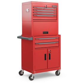 3-in-1 6-Drawer Rolling Tool Chest Storage Cabinet with Universal Wheels and Hooks - Red