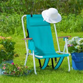 Folding Beach Chair, 4 Position Portable Backpack Foldable Camping Chair with Headrest Cup Holder and Wooden Armrests, Green - Green